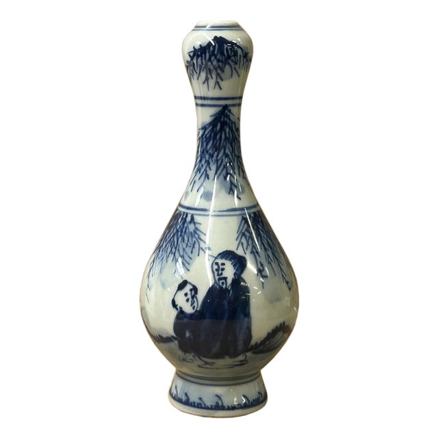 6" Oriental Blue White Scenery Graphic Small Porcelain Art Vase For Sale