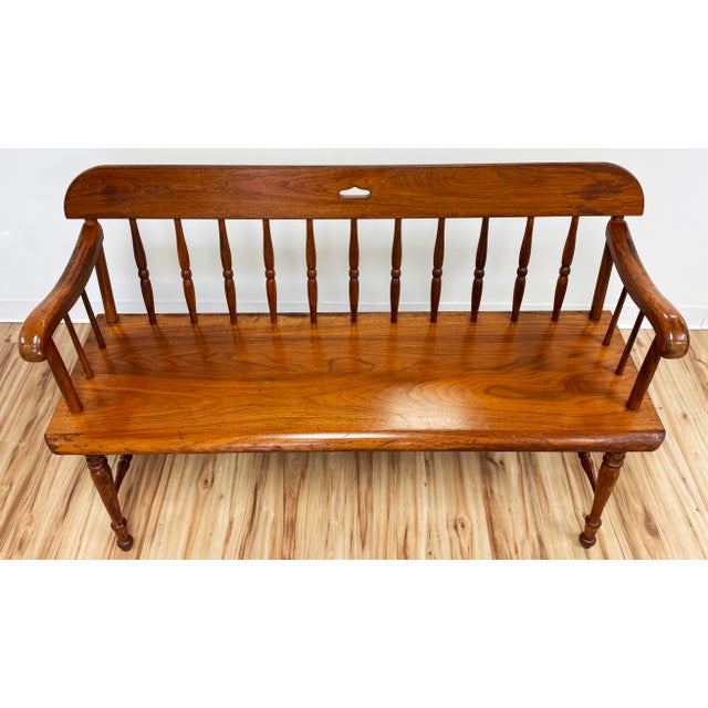 Vintage Windsor Style Amana Made Wood Spindle Back Bench For Sale - Image 4 of 12
