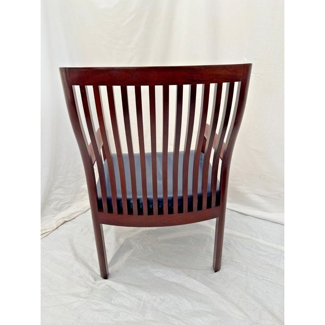 1990s Vintage Curved Spindle Back Mahogany Arm Chair with Blue Leather Seat For Sale - Image 4 of 10