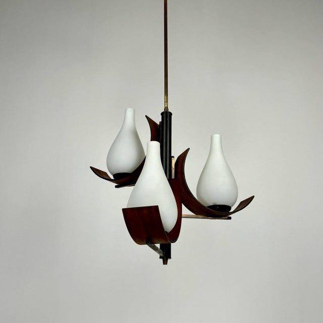 1960s Pendant Light in Teak with Milk Glass and Brass, 1960s For Sale - Image 5 of 10