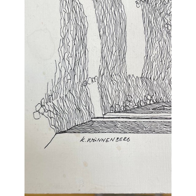Original vintage ink drawing depicting a residential street scene in Tunis, Tunisia, dated 1971. This detailed line work...