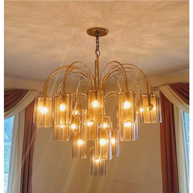 1970s Grand-Scale 1970s Smoked Glass and Brass 22-Light Waterfall Chandelier For Sale - Image 5 of 9