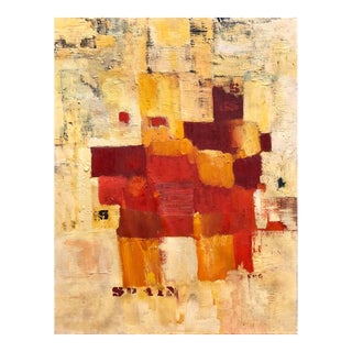 Unknown, Abstract Orange Squares on Yellow "Spain" Stencilled Letters Mod Oil Painting For Sale