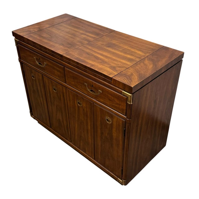 Vintage Drexel Heritage Accolade II Collection Campaign Style Walnut Server / Sideboard For Sale In Greensboro - Image 6 of 12