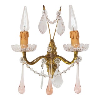Vintage French Wall Sconce in Brass with Pink or Blue Glass Drops, 1960s For Sale