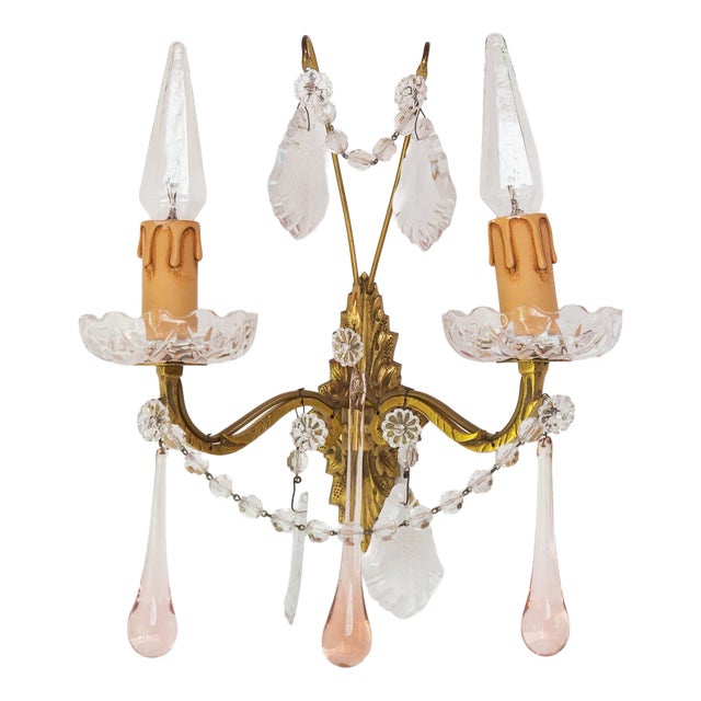 Vintage French Wall Sconce in Brass with Pink or Blue Glass Drops, 1960s For Sale