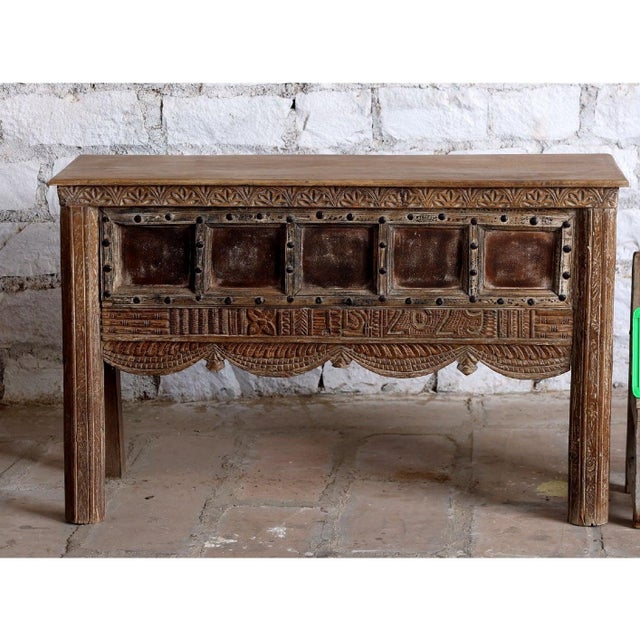 Vintage Ornate Carved Wood Console Table With Iron Stud Accents – Statement Entryway Piece 52 For Sale - Image 4 of 6