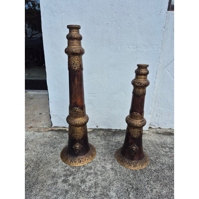 Late 19th Century Pair of Antique Tibetan Ceremonial Horns or Dungchens For Sale - Image 5 of 6
