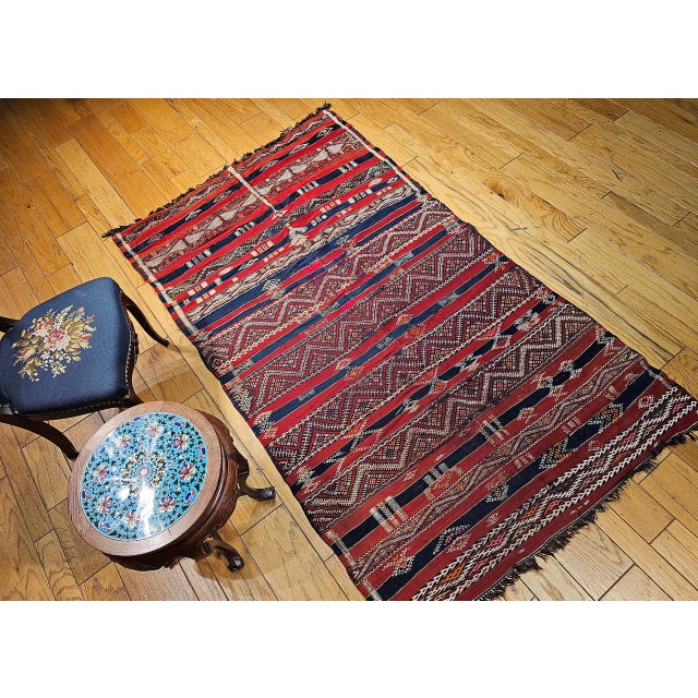 Vintage Moroccan Kilim Tribal Rug, Handwoven Wool, Red & Blue Stripes, 5' X 8' For Sale - Image 9 of 18