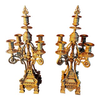 Set of Two Antique 1900s French Gilt Bronze 5 Arm Candelabras For Sale