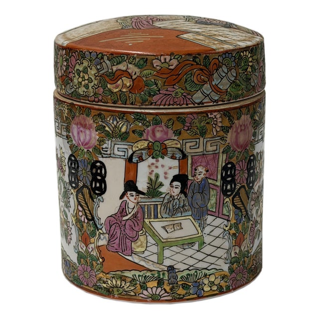 Vintage Chinese Enamel Figural Ground Canton Porcelain Round Container Jar For Sale