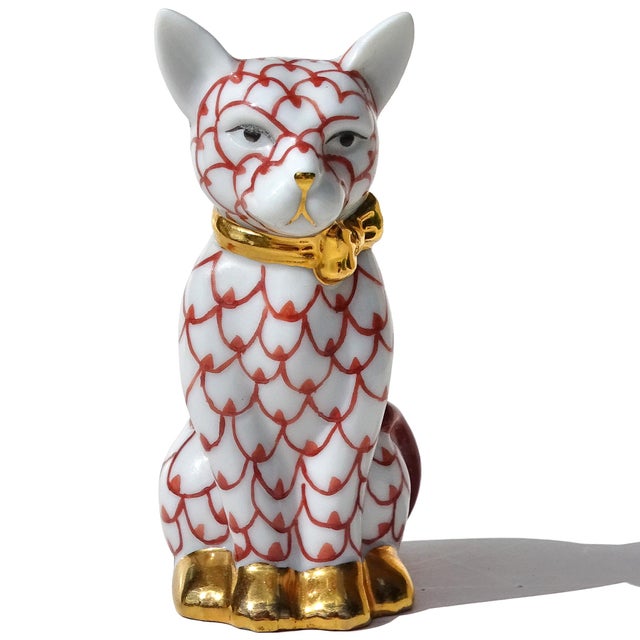 Beautiful and very cute, Herend porcelain style, red, white and gold ceramic art kitty cat figurine. The piece is not...