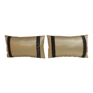 Black and Gold Obi Silk Lumbar Vintage Decorative Pillows - A Pair For Sale