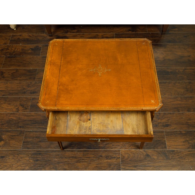 French 19th Century Walnut Side Table with Gilt Embossed Leather Top and Drawer For Sale - Image 10 of 12