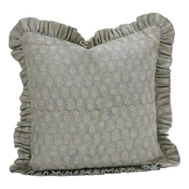 Fabdivine Handcrafted Block Print Frill Cushion Cover Light Blue 16x16 Inch Thick Linen- Tulsi Buti For Sale