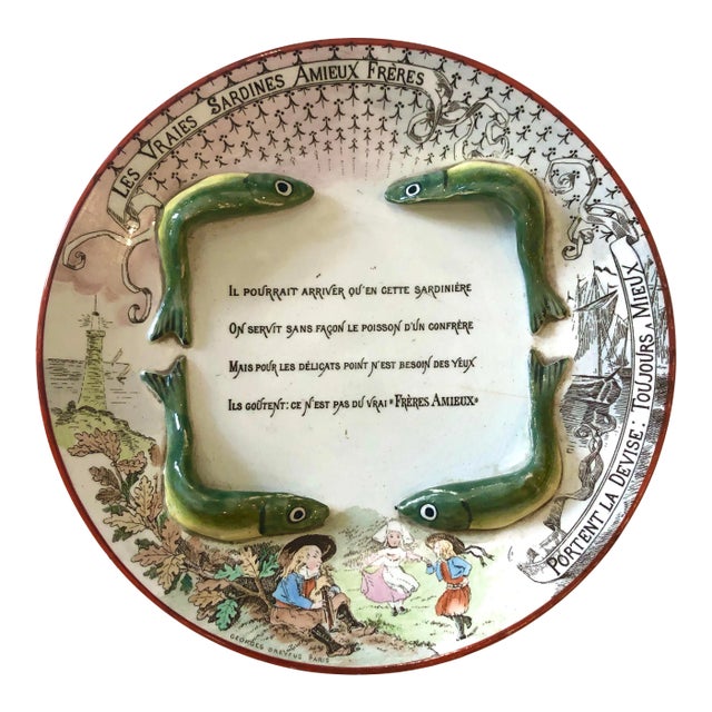 French Majolica Advertising Sardines Plate by Amieux Freres For Sale