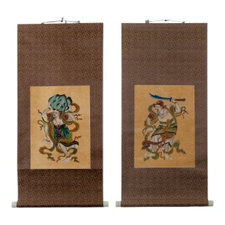 A Pair of Buddhist Guardian Scrolls For Sale