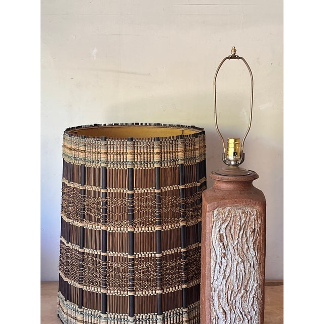 1960s Mid-Century Modern Textured Terracotta Lamp With Impeccable Maria Kipp Woven Shade For Sale - Image 11 of 11