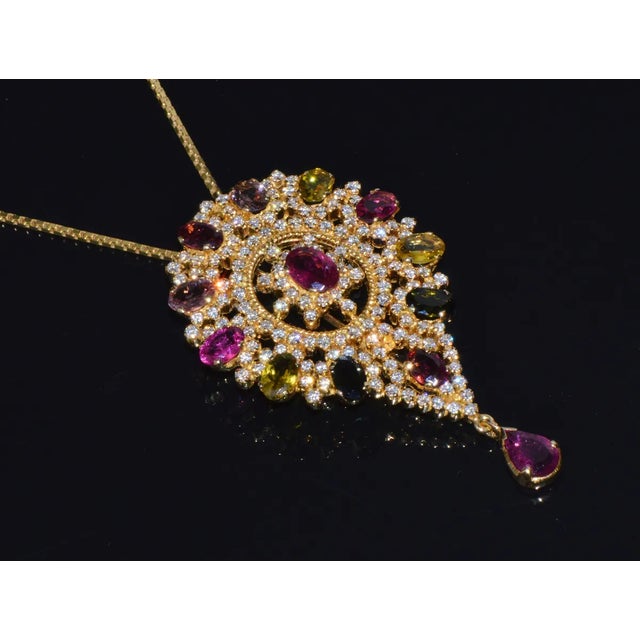 Red Certified Natural 10.46Cts VS G Diamond Multi Tourmaline 18K Gold Pendant Brooch For Sale - Image 8 of 10