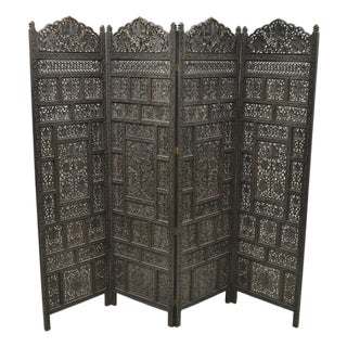 Vintage Anglo Indian Carved Teak Wood 4 Panel Room Divider Folding Screen For Sale
