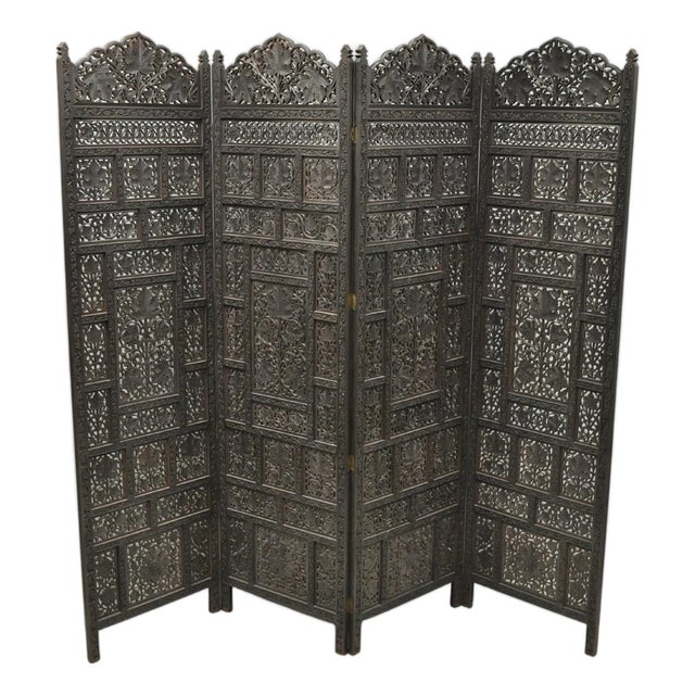 Vintage Anglo Indian Carved Teak Wood 4 Panel Room Divider Folding Screen For Sale