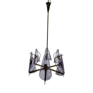 Brass and Purple Acrylic Glass Chandelier in the style of Stilux Milano, 1960s For Sale