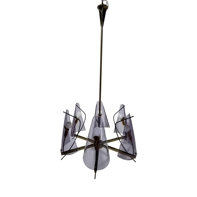 Brass and Purple Acrylic Glass Chandelier in the style of Stilux Milano, 1960s For Sale