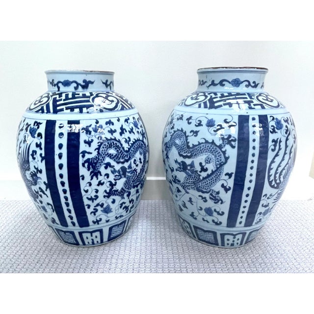 Chinoiserie Large Blue & White Chinese Dragon & Phoenix Porcelain Floor Vases - Pair For Sale - Image 3 of 12