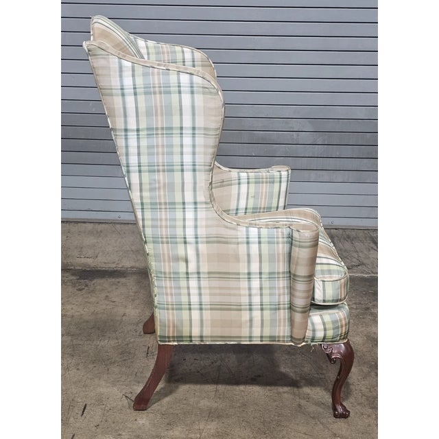 Late 20th Century Late 20th Century Southwood Mahogany Queen Anne Style Wing Chair Plaid Fabric Trifold Feet For Sale - Image 5 of 8