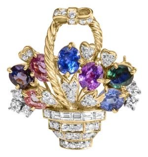 18K Yellow Gold 1 1/10 Cttw Diamond and Mixed Gemstone Floral Bouquet Pendant and Brooch Pin (G-H Color, VS1-VS2 Clarity)