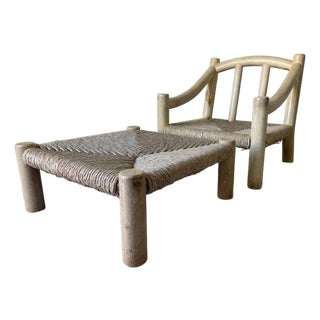 1980’s Michael Taylor–Style Whitewashed Wood Lounge Chair With Ottoman For Sale