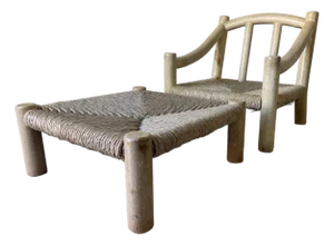 1980’s Michael Taylor–Style Whitewashed Wood Lounge Chair With Ottoman