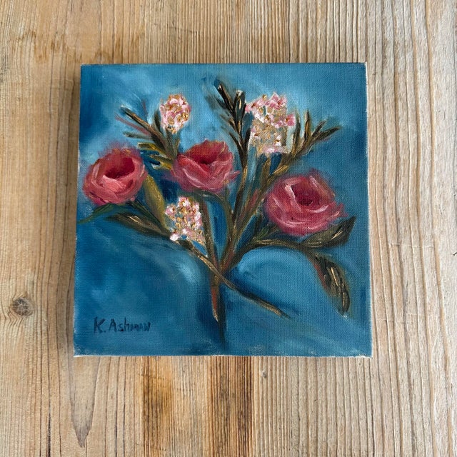 Small Contemporary Roses With Gold Accents & Teal Background, Painted on Linen Style Canvas by American Artist Kristin Ashman. “Golden Teal.” For Sale - Image 9 of 9