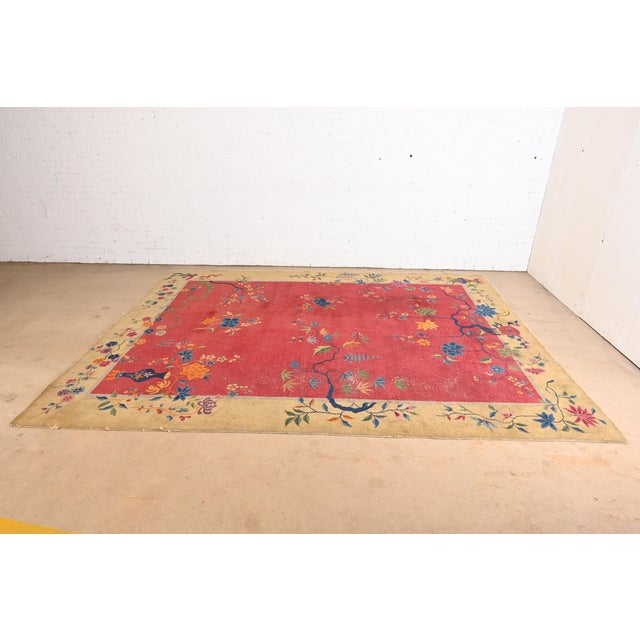 A beautiful antique hand-knotted Chinese Nichols Art Deco large room size wool area rug China, Circa 1920s Red field, with...