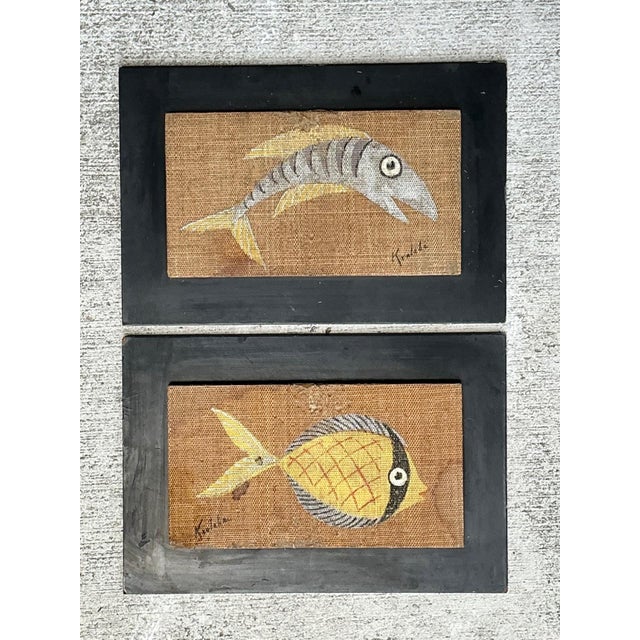 Vintage MCM Fish Motif Paintings on Burlap - Pair For Sale - Image 12 of 13