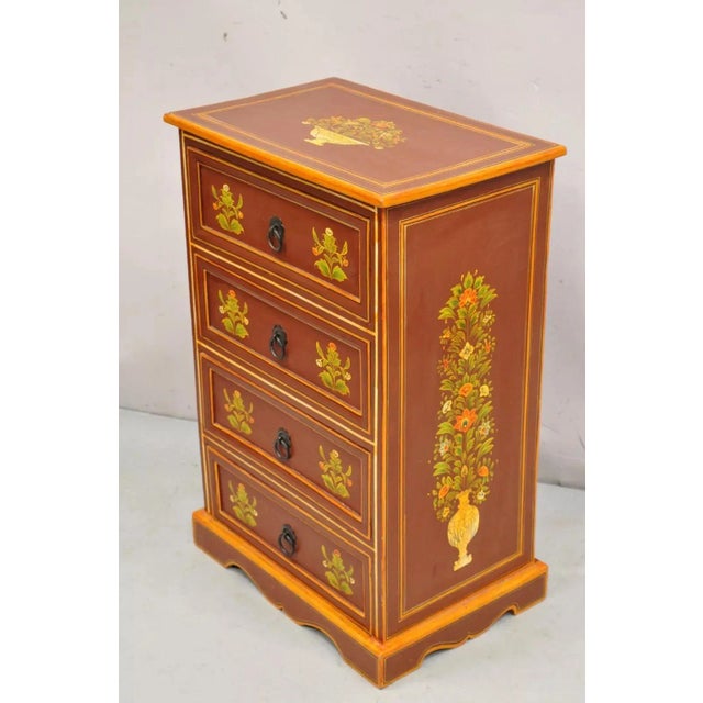 Late 20th Century Shabby Chic Orange Rust Flower Painted 4 Drawer Nightstand Chest of Drawers For Sale - Image 10 of 11