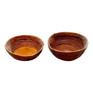 Large Antique Chinese Leather Trim Wooden Bowls—A Pair