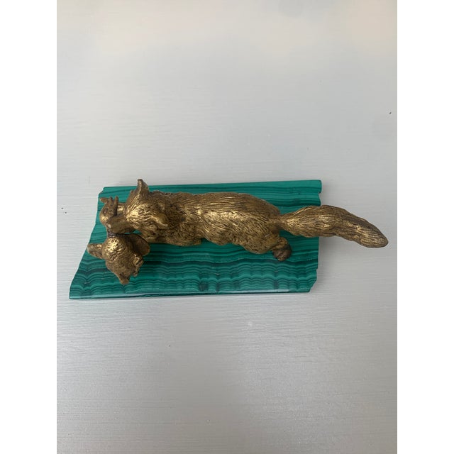 Antique Gilt Bronze Hunting Fox Statue on Malachite Base, Early 20th Century For Sale - Image 4 of 10