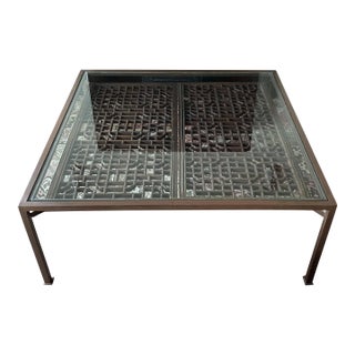 1980s Glass-Top Coffee Table Decorated Beneath With Antique Chinese Lattice Window Panels For Sale