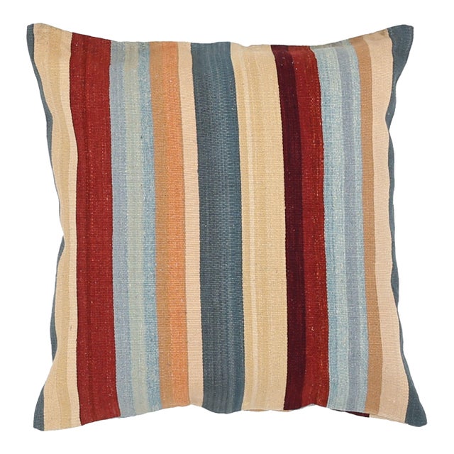 Arteverk Handwoven Reversible Wool Kilim Floor Pillow — Red & Blue Stripe (26") For Sale