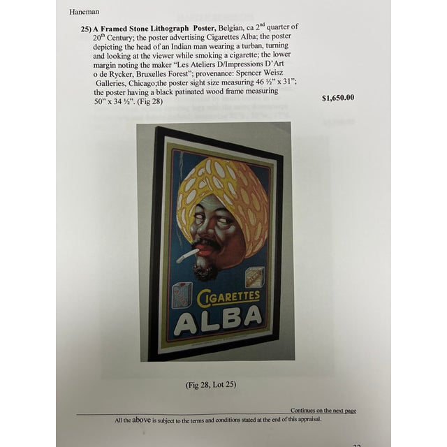 Mid 20th Century Belgian “Cigarettes Alba” Stone Lithograph Poster - Framed For Sale - Image 4 of 4