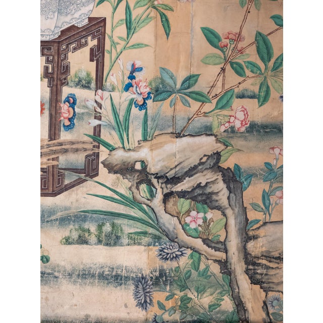 18th Century Chinese Watercolor Wallpaper Painting Bird of Paradise Floral Garden For Sale - Image 11 of 15