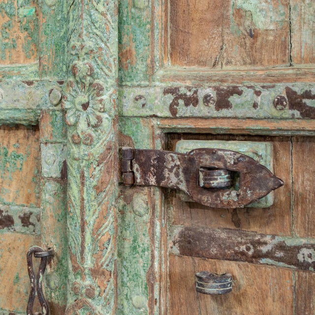 1900 - 1909 Pair of Antique Traditional Rajasthani Doors With Remnants of Green Paint For Sale - Image 5 of 9