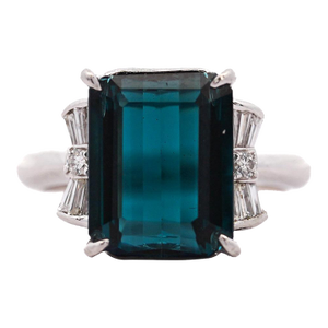 4.58 Carat Emerald Cut Indicolite Tourmaline Diamond Platinum Ring, Size 6