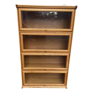 Vintage 4 Tier Barrister Golden Oak & Glass Front Cabinet Bookcase For Sale