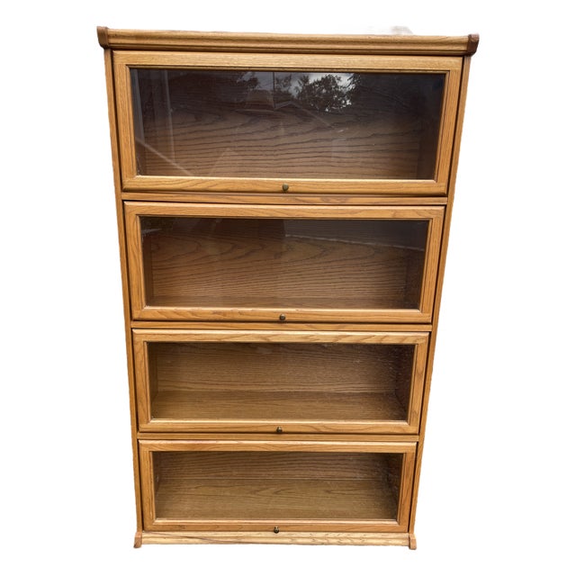 Vintage 4 Tier Barrister Golden Oak & Glass Front Cabinet Bookcase For Sale