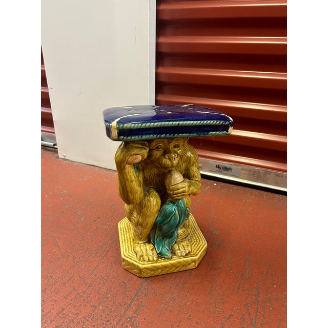 Brown Vintage Majolica Monkey Plant Stand/Garden Stool For Sale - Image 8 of 11