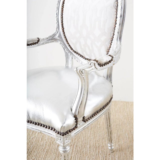 French Louis XVI Style Silver Leaf Metallic Armchairs - a Pair For Sale - Image 10 of 13