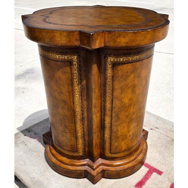 Maitland Smith English Regency Tooled Leather Quatrefoil Drum Chest Side Table For Sale - Image 9 of 14