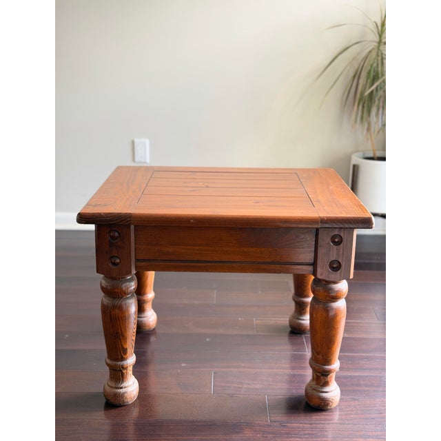 Ethan Allen Vintage Rustic Solid Pine Square End Table — Turned Baluster Leg Farmhouse Spanish Colonial Side Table For Sale - Image 4 of 12